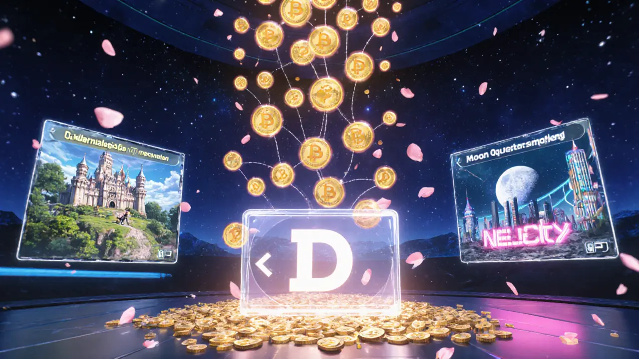 Virtual arena showing linked game worlds, floating quest point orbs, and D tokens raining down.