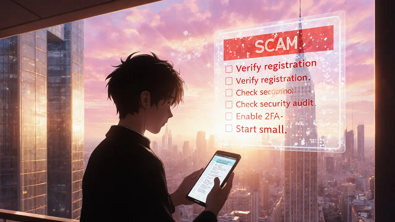 Young adult at sunrise city balcony checking a safety checklist on phone.