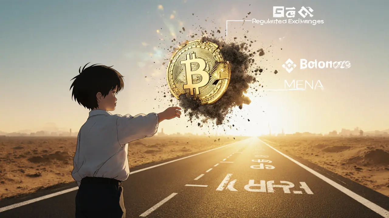 A child reaches for a crumbling UPEX coin hologram as regulated exchanges shine in the distance.