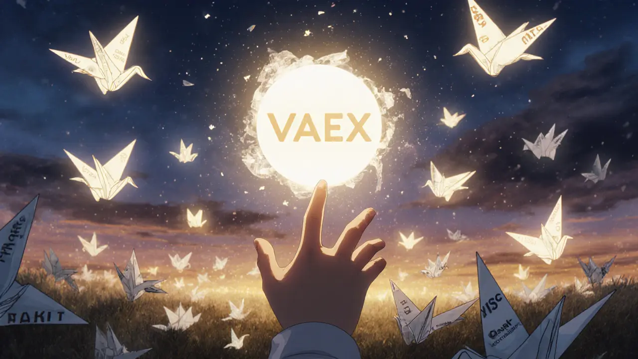 A child reaching for a holographic VAEX logo as it turns to ash among glowing licensed exchanges.