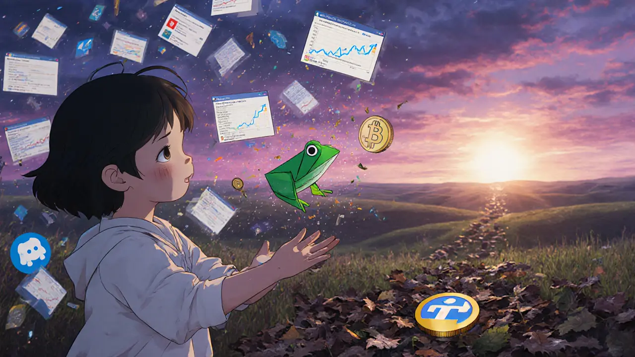 A child releases an origami frog that dissolves into social media notifications and expired crypto contracts at dusk.