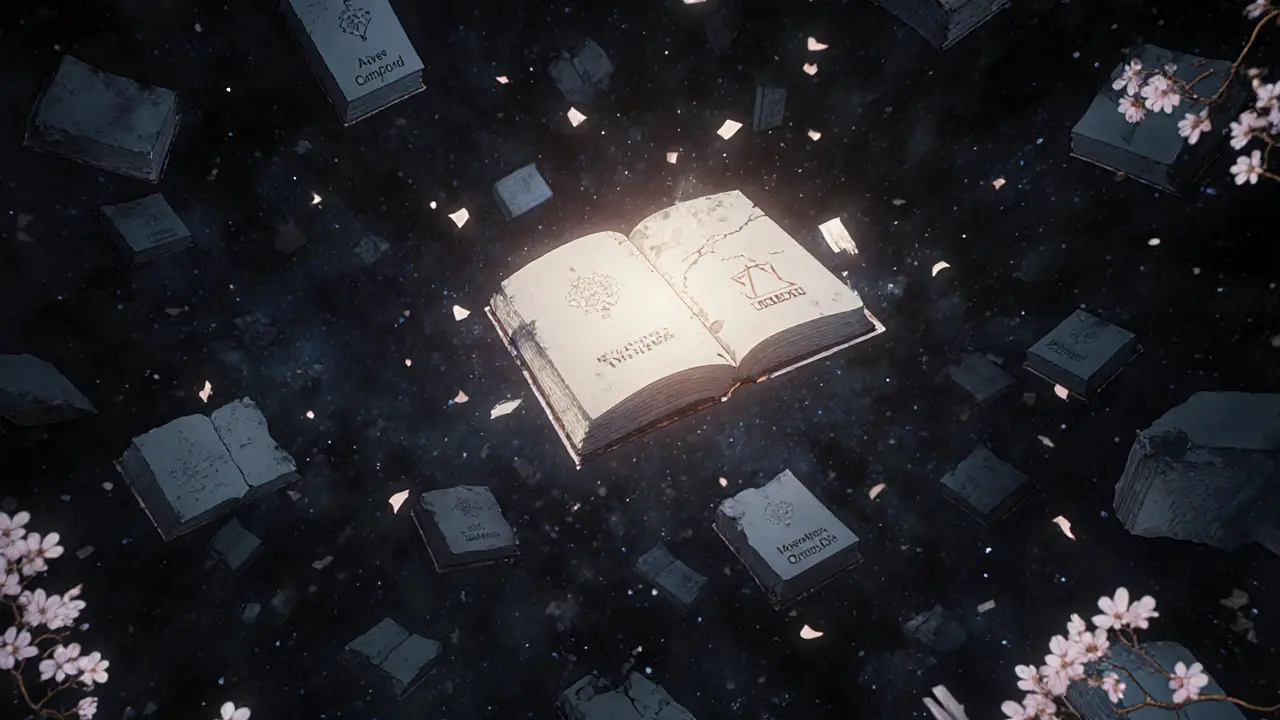 A cosmic library of DeFi protocols, only three brightly lit with security features, while others crumble as cherry blossoms fall.