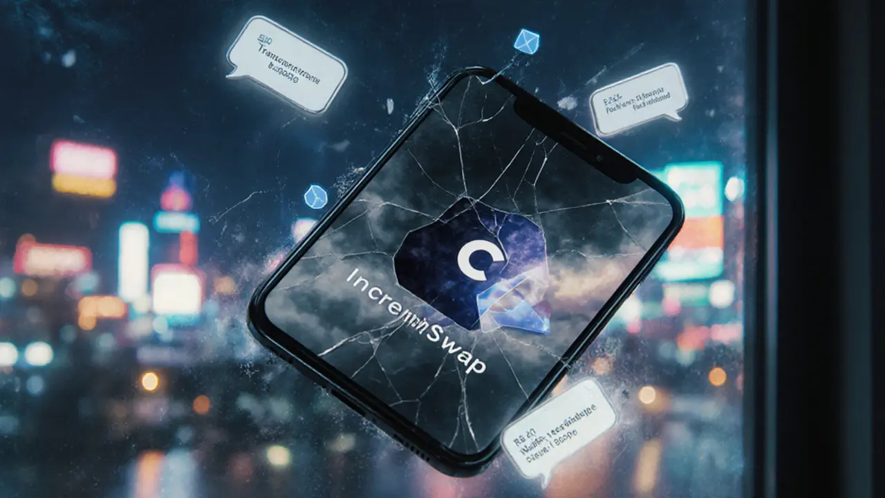 A cracked smartphone screen showing a fake IncrementSwap app, surrounded by floating error messages.