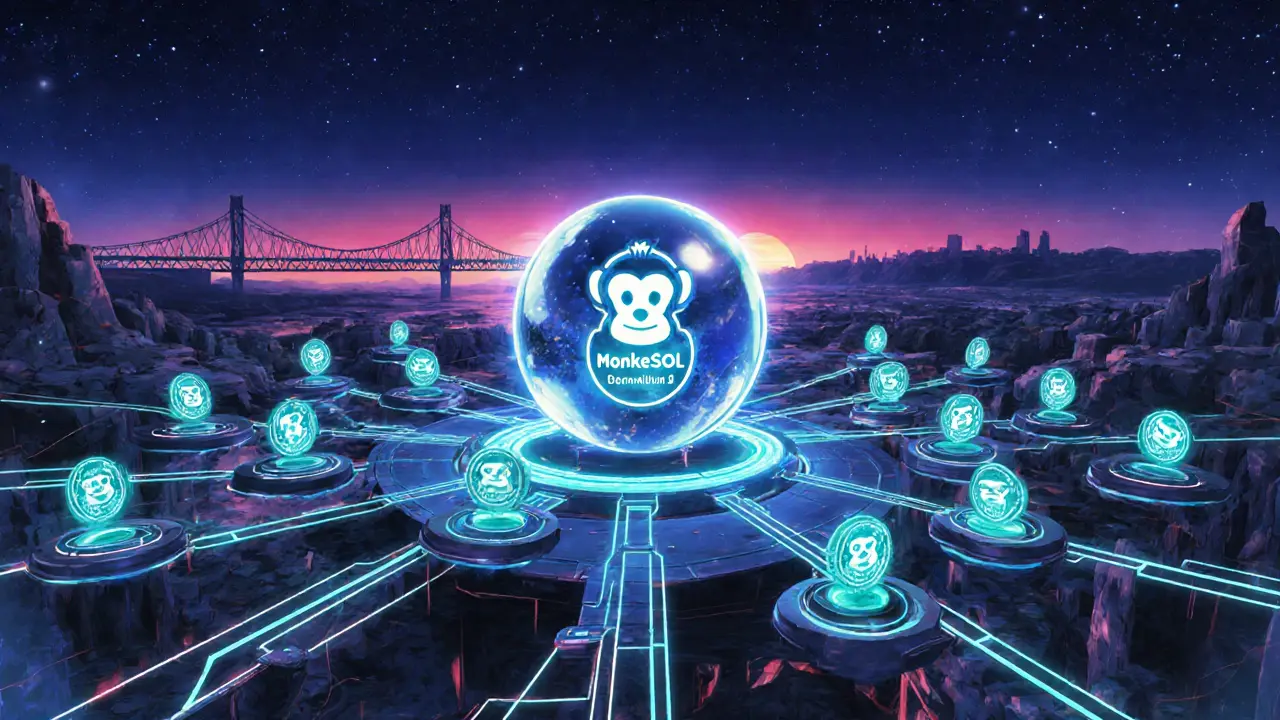 A futuristic DeFi hub shows floating daoSOL tokens around a glowing monkey emblem, hinting at cross‑chain growth.