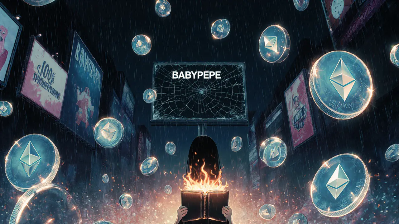 A lonely figure in a digital marketplace surrounded by floating tokens and zero trading volume under rainy neon lights.