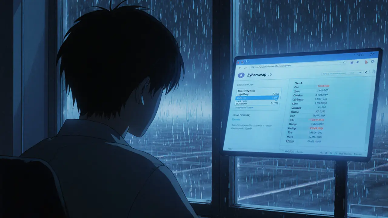 A person at a desk watching a Zyberswap v3 trade confirmation, rain reflecting off the screen in soft blues.