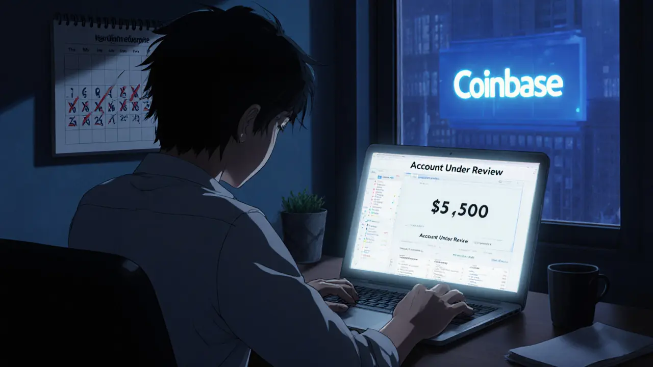 A trader stares at a frozen balance on a laptop, with a regulated exchange glowing safely in the background.