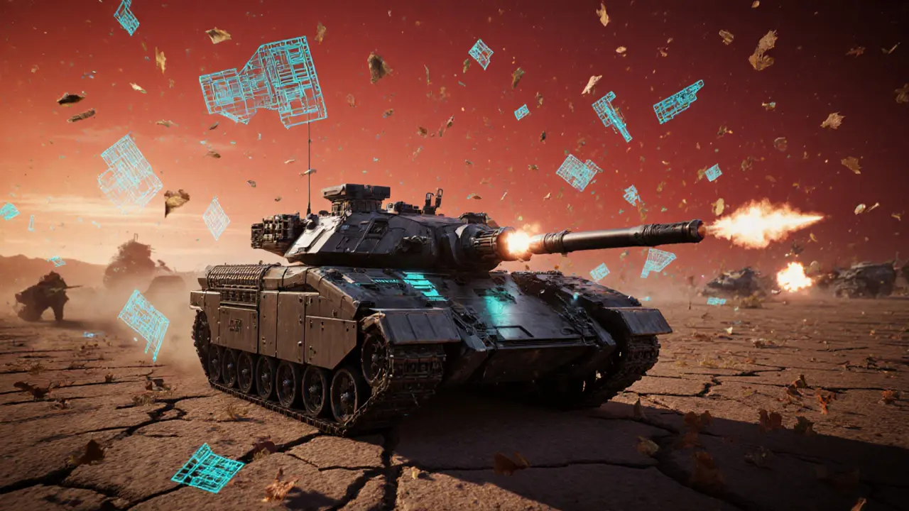 A unique armored tank stands on a desert battlefield under a crimson sky, surrounded by floating digital parts and distant combat.