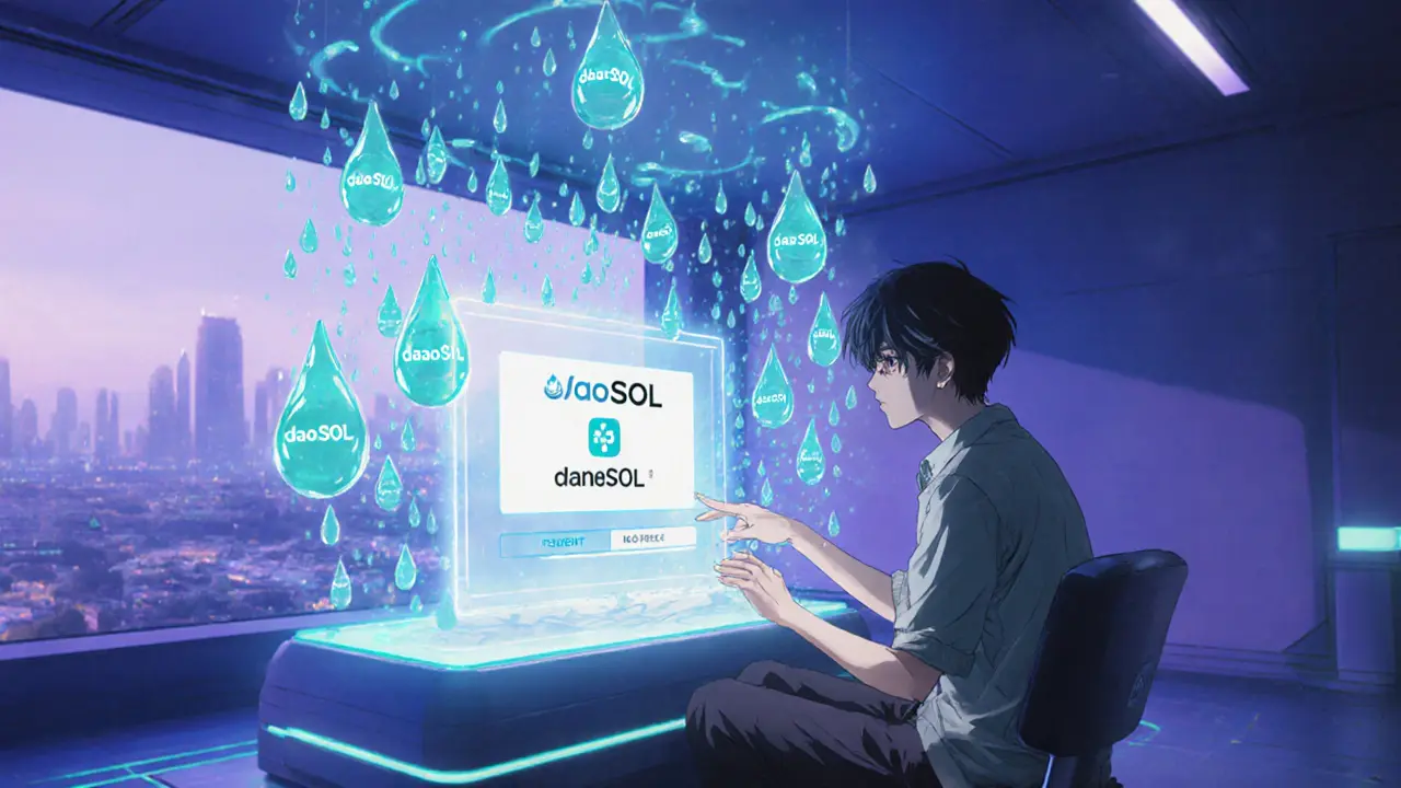 A user watches glowing daoSOL droplets appear as they stake SOL on a futuristic interface.