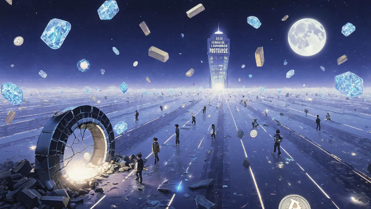 A vast digital marketplace floats under twin moons, with NFT assets drifting through the air and a cracked redemption portal in the foreground.