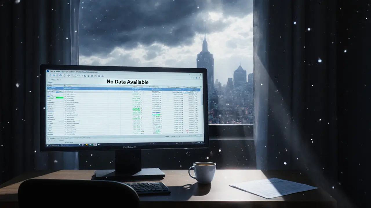 An empty trading terminal with &#039;No Data Available&#039; on screen, rain streaking the window.