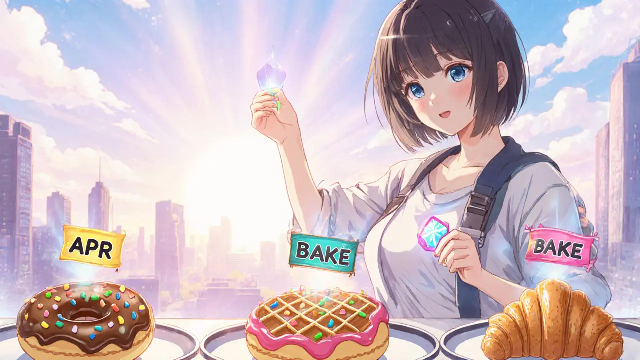 Anime character staking BAKE in pastry‑themed farming pools at sunrise.