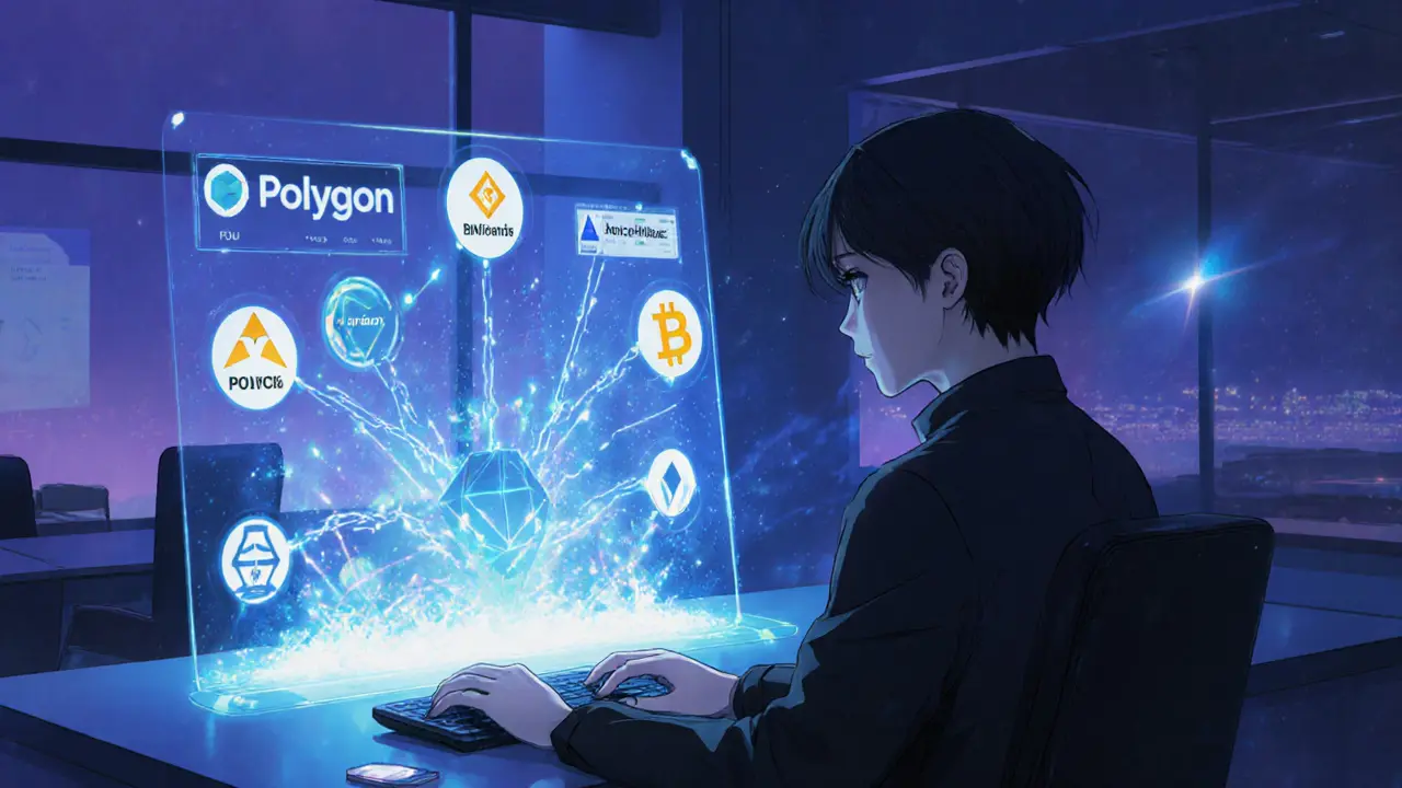 Anime character using a holographic wallet UI with blockchain logos and data streams.