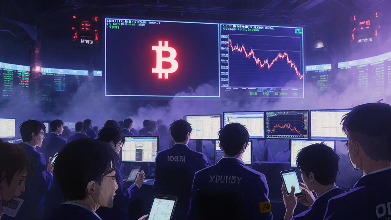 Anxious traders in a dark room stare at crashing crypto charts on large screens.