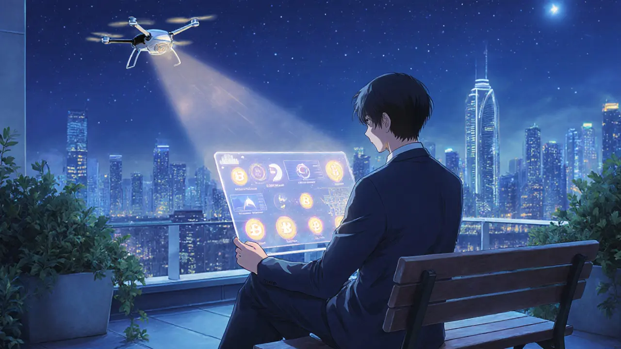 Calm investor in a rooftop garden reviews a balanced portfolio of utility tokens and stablecoins.
