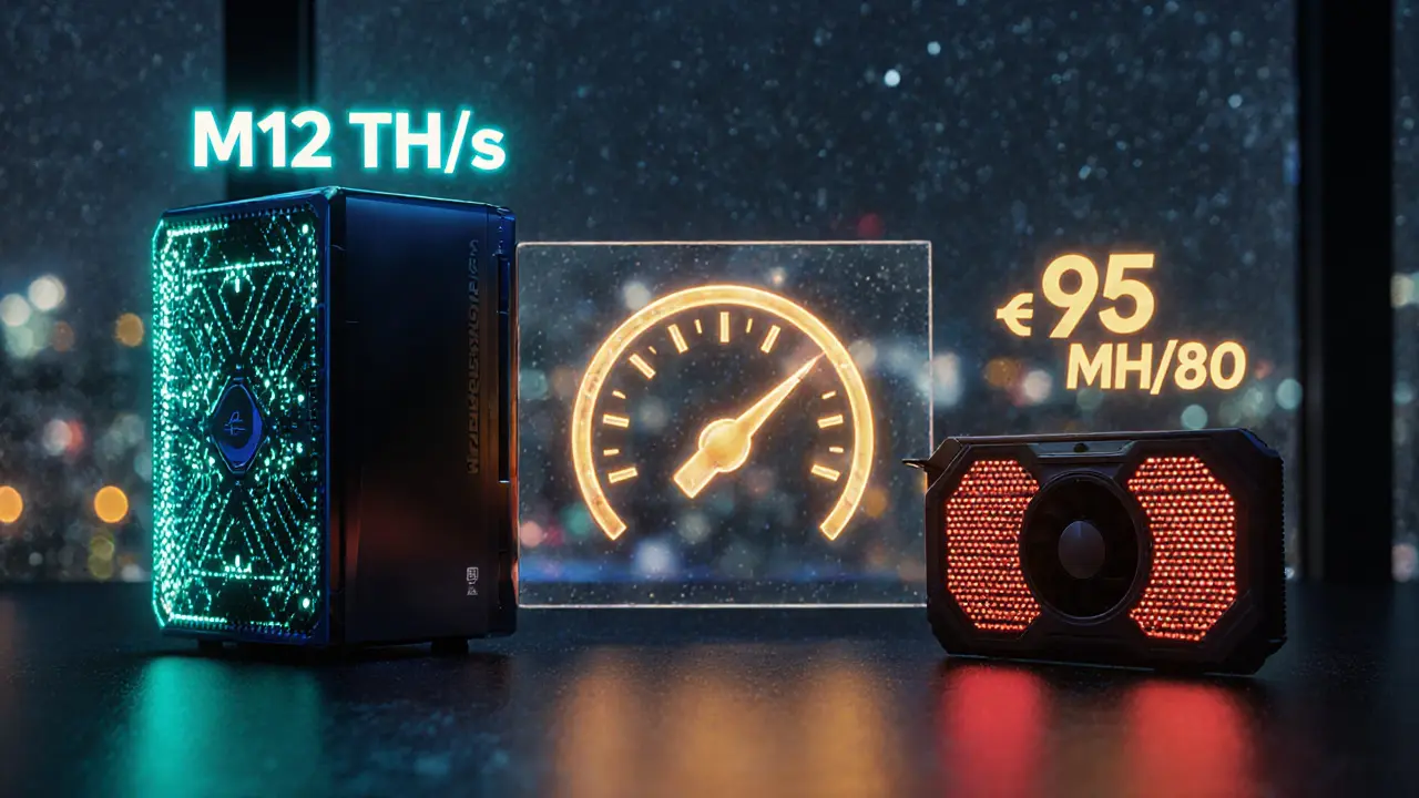 Close-up of a Whatsminer ASIC and RTX 3080 GPU with floating hash‑rate displays on a lit table.