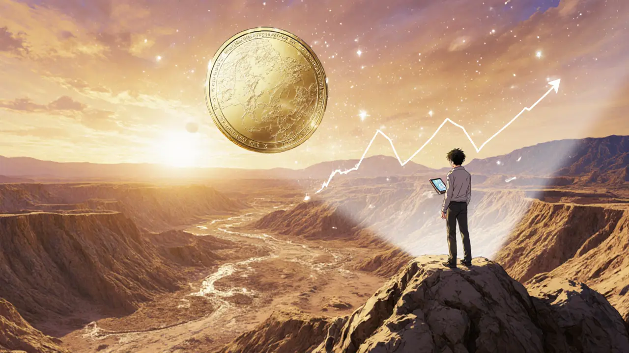 Desert landscape with floating DIGAU token and analyst viewing projected price.