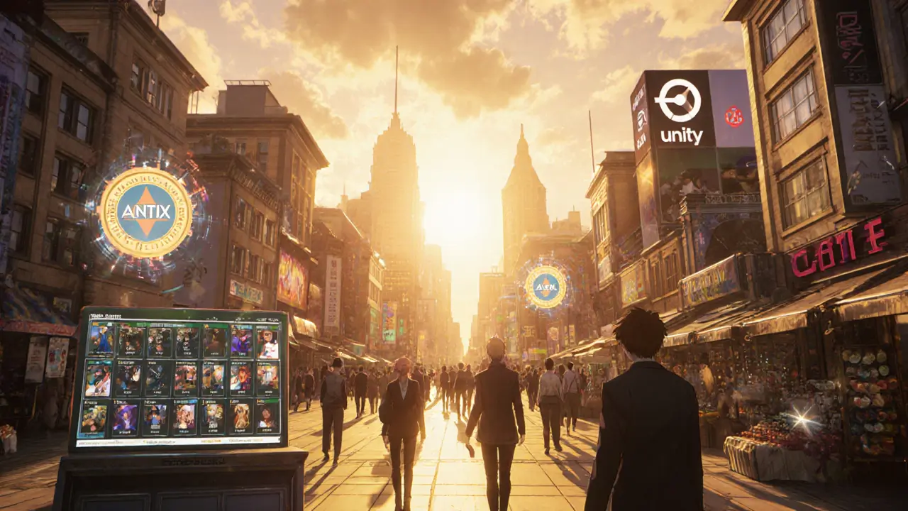 Digital city sunrise with avatars, holographic token symbols, and a bustling marketplace.