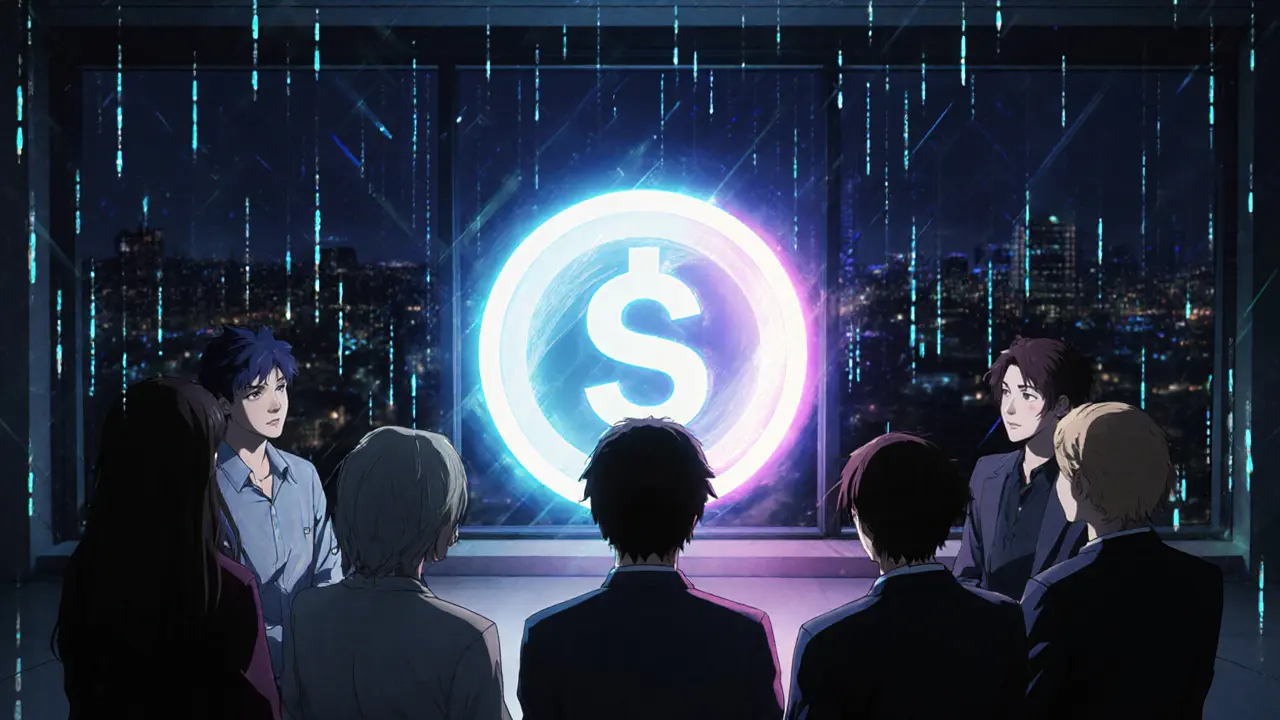 Dim studio with developers watching a rotating SBF token orb amid digital code streams.