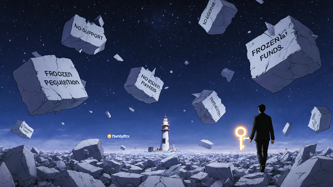 Floating blockchain fragments drift in twilight as a figure walks away toward safe crypto exchanges in the distance.