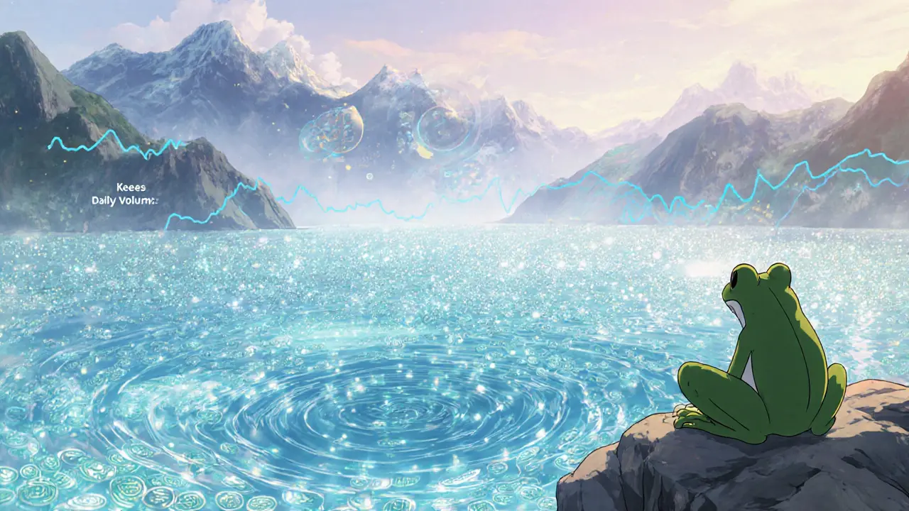 Floating crystal pool filled with swirling coins; frog watches from a ledge under golden light.