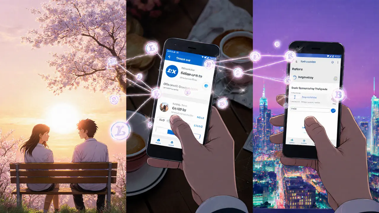 Friends exchanging referral code, LGX tokens linking their phones.