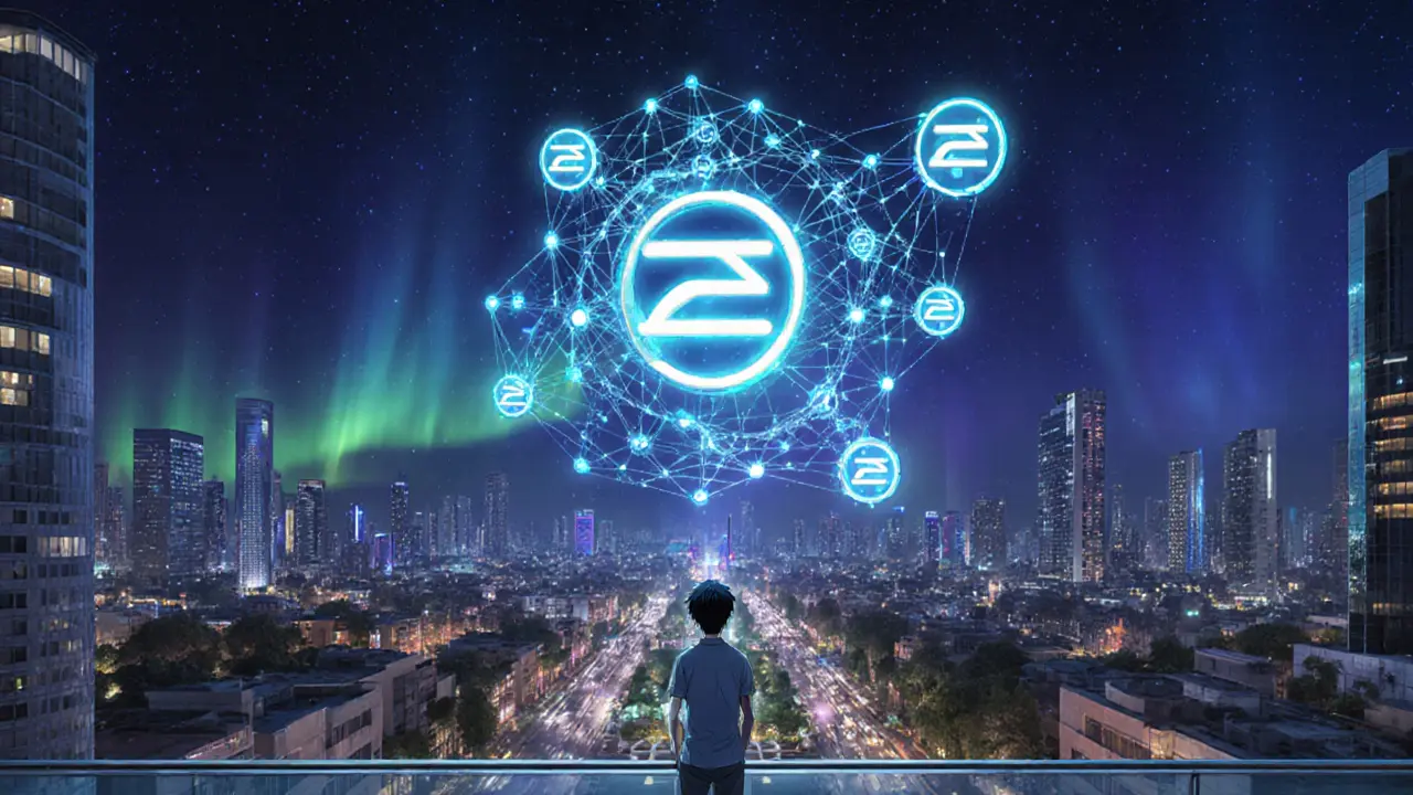 Futuristic Amman skyline showing a holographic digital dinar and DeFi network at night.