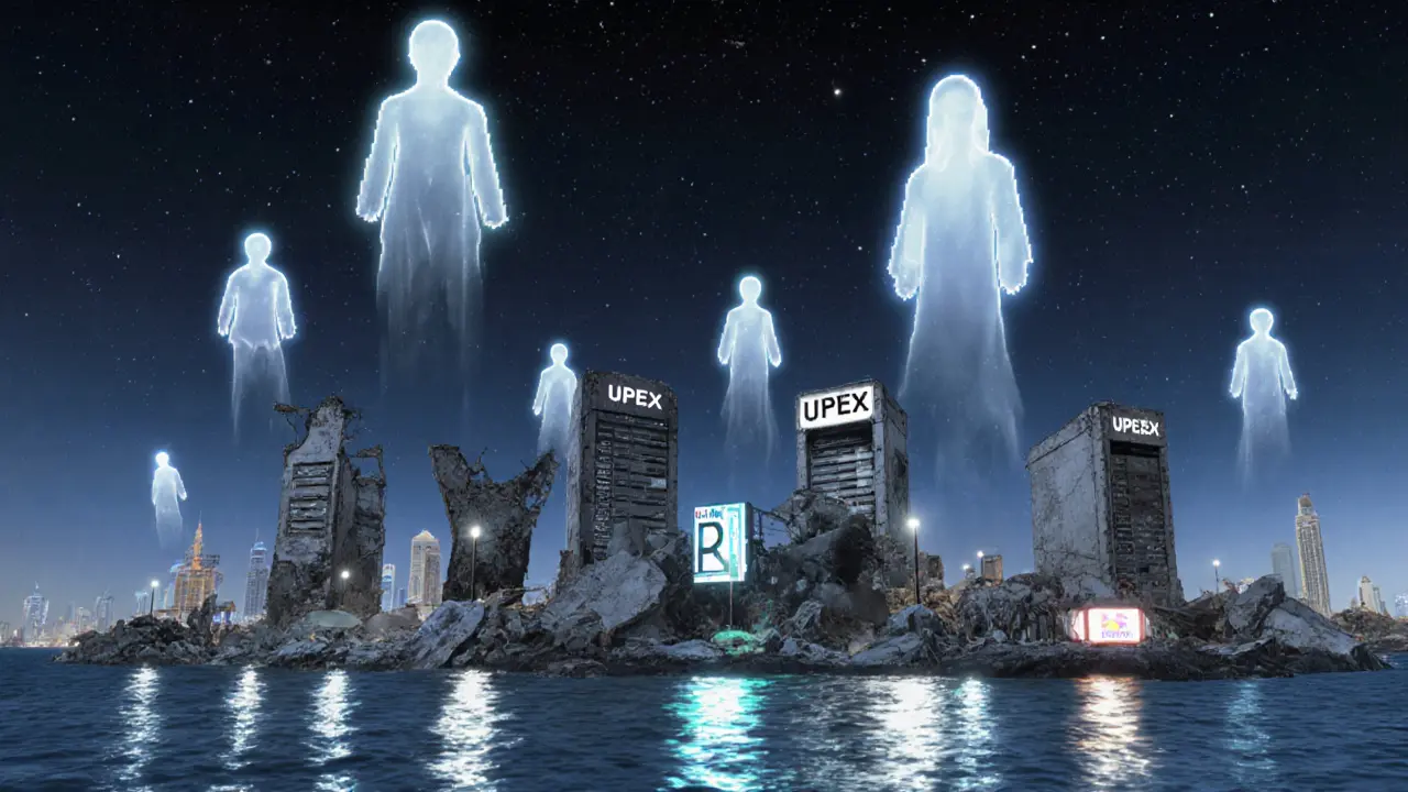 Ghostly user avatars drift above abandoned UPEX servers in a starry sky above a silent city.