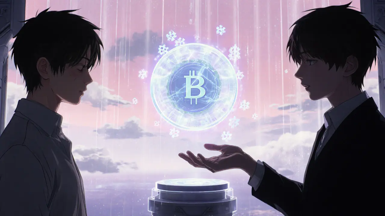 Glowing wrapped NFT token with smart‑contract gears in a digital lab.