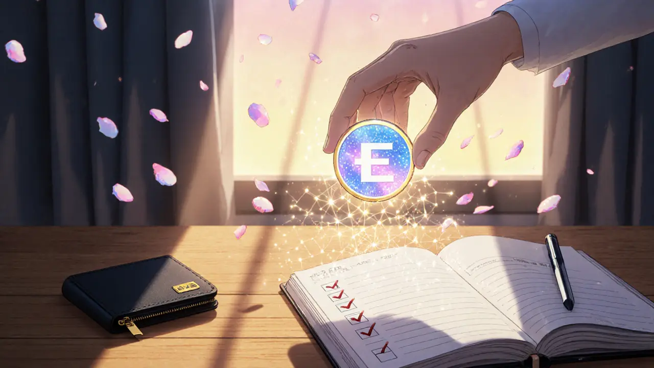 Hand receiving a glowing EPCOIN token near a hardware wallet as sunrise light streams in.