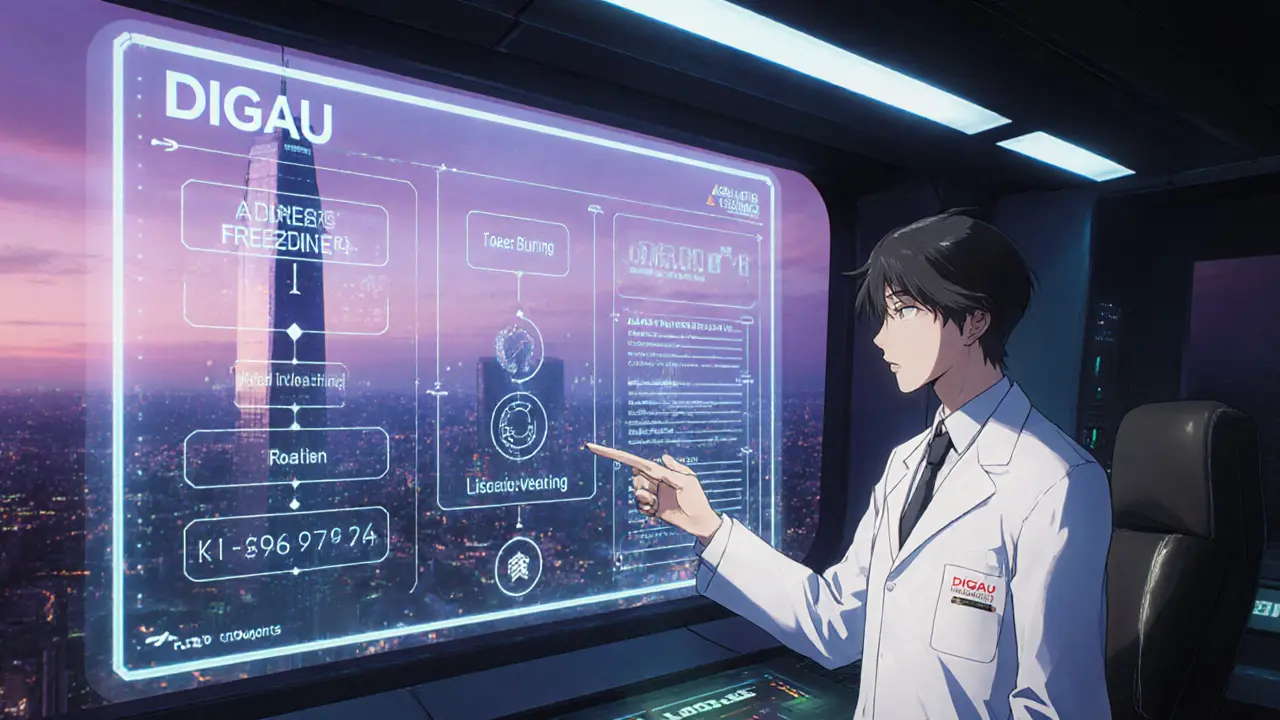 Holographic display of DIGAU security features in a futuristic control room.