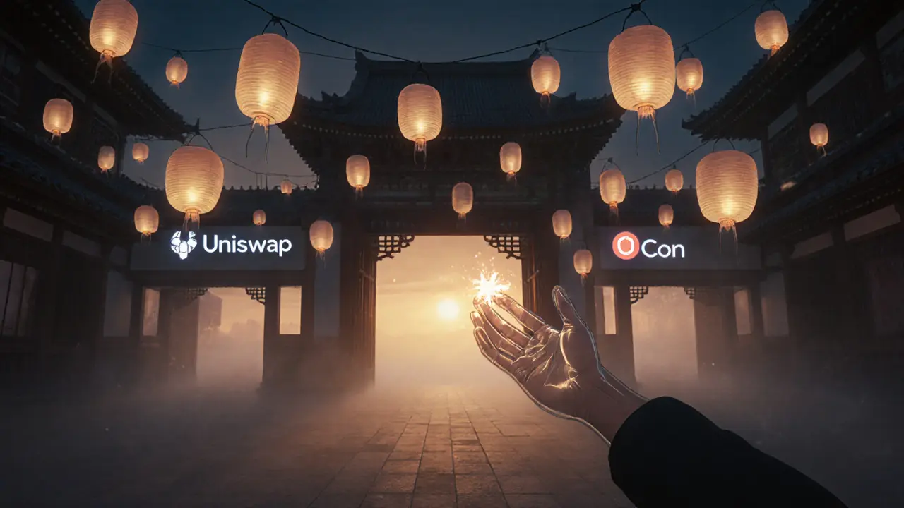 Hundreds of dim memecoin lanterns float in a foggy void, while three trusted exchanges shine brightly in the distance.