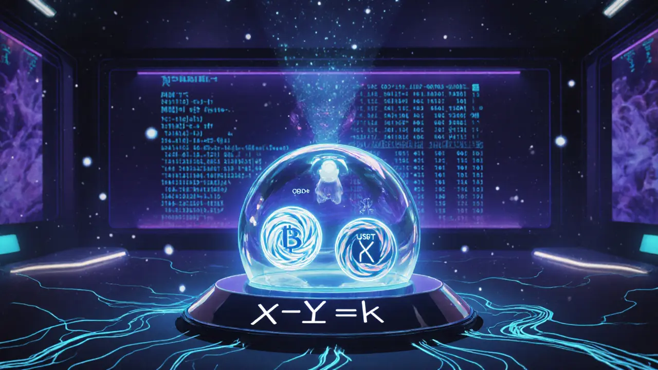 Neon data room showing ORDS and USDT tokens balanced in a glowing AMM pool.