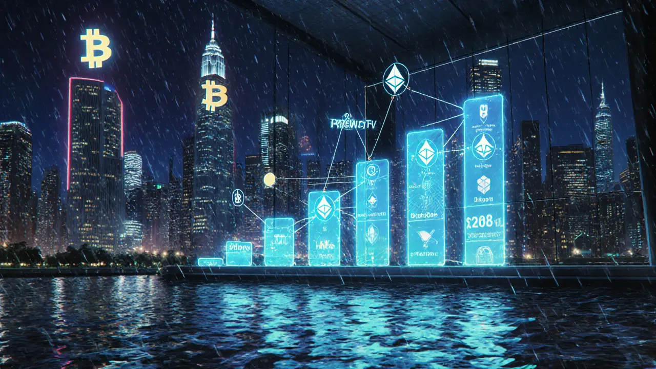 Night city skyline with neon Bitcoin and Ethereum symbols and a holographic chart showing billions in ETF assets.