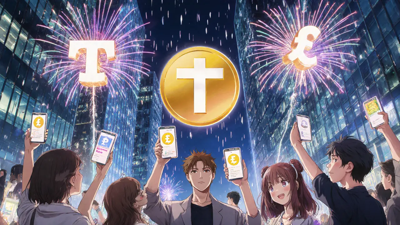 Night plaza on launch day with fireworks, people holding phones displaying claim confirmations.
