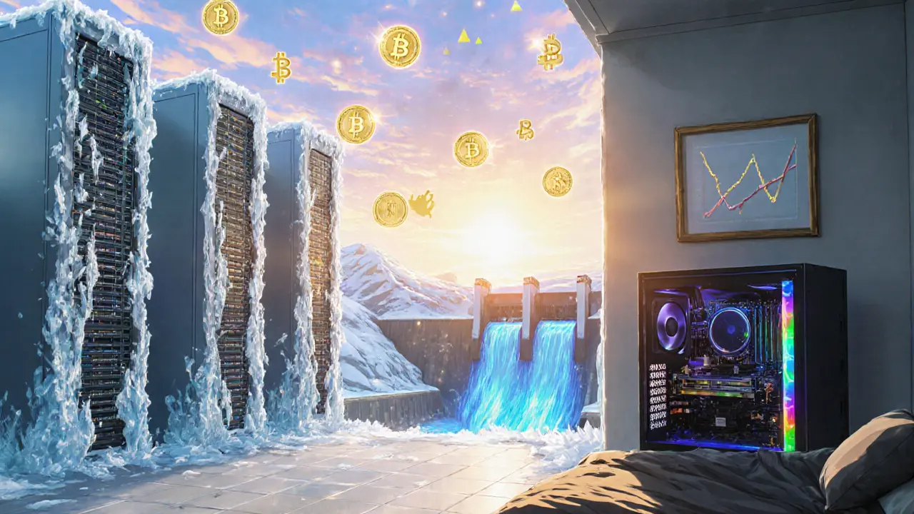 Panoramic view of an Icelandic ASIC data center and a bedroom GPU rig with floating risk icons.