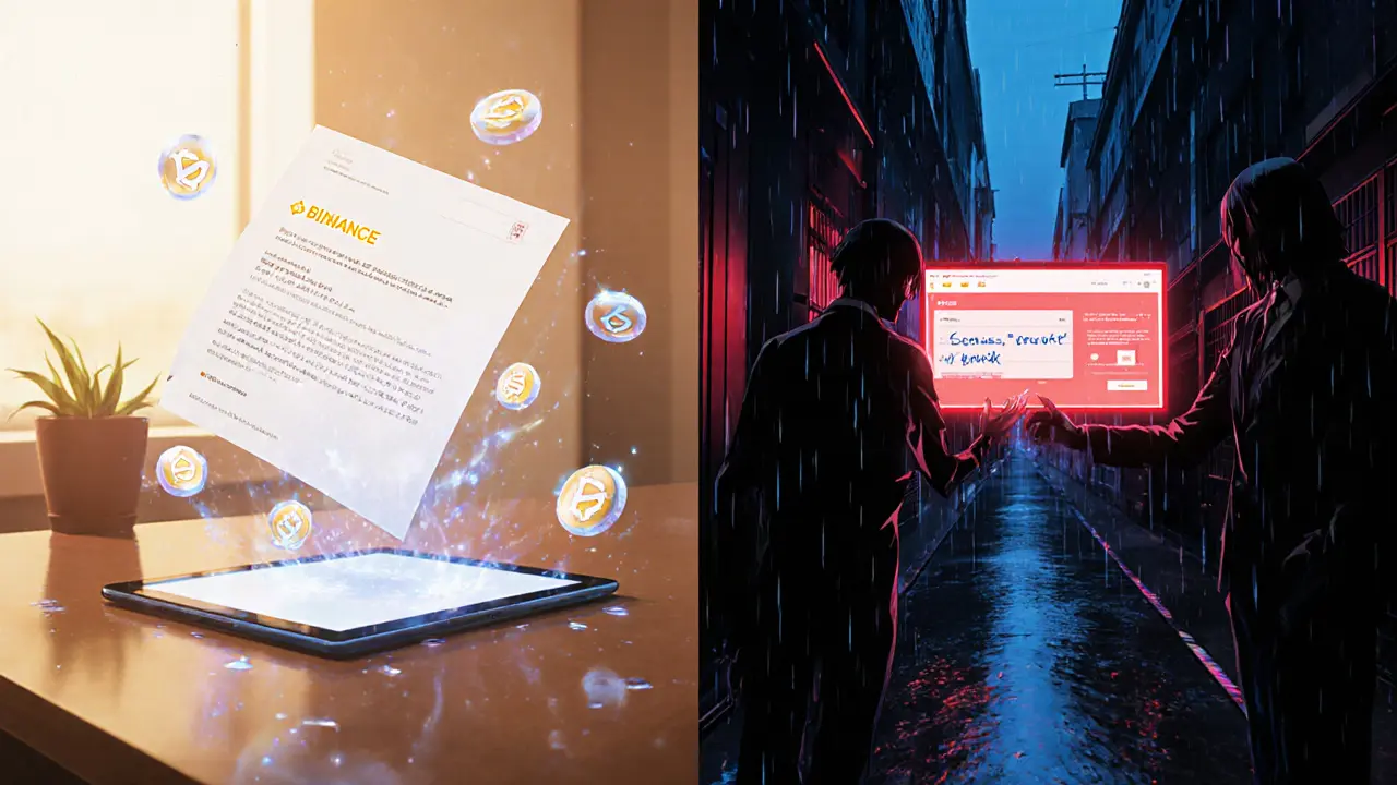 Split scene showing official airdrop email vs. dark scam website with red warning.