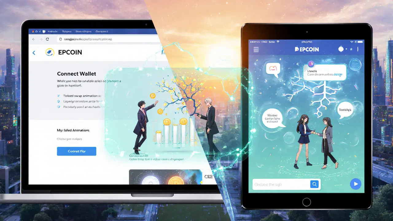 Split-screen of crypto tasks: laptop with landing page, chat apps, and holographic token swap and liquidity graphics.