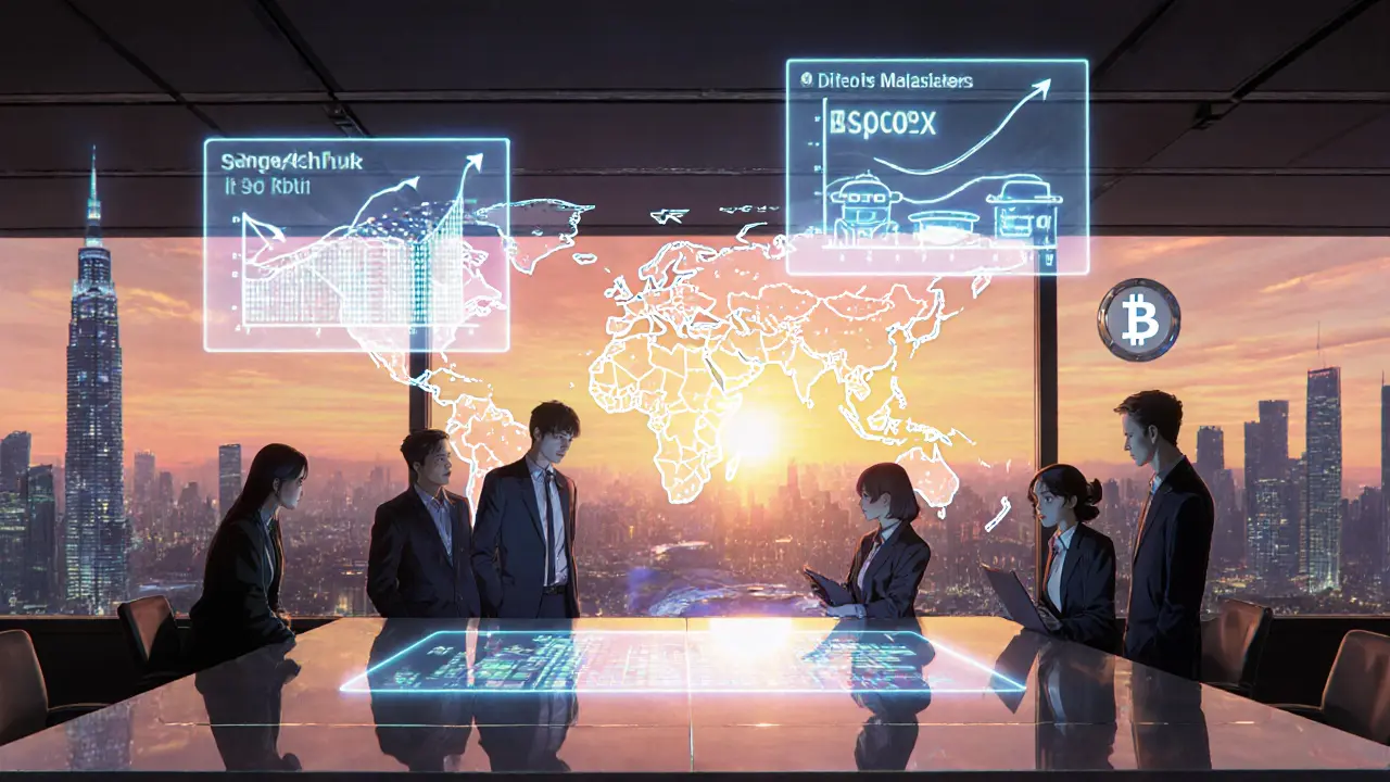 Sunrise over a futuristic trading floor with holographic crypto asset baskets and highlighted APAC hubs.