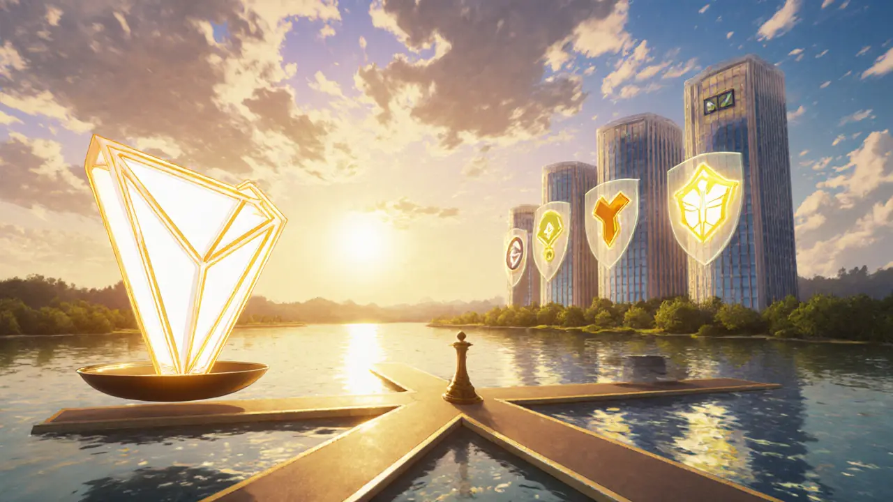 Sunrise scene with TronTrade balanced against larger exchange logos, illustrating comparison.