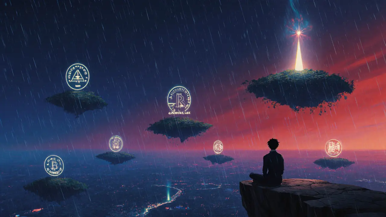 Twilight cliff scene with a trader overlooking a Bitcoin DeFi landscape and risk symbols.