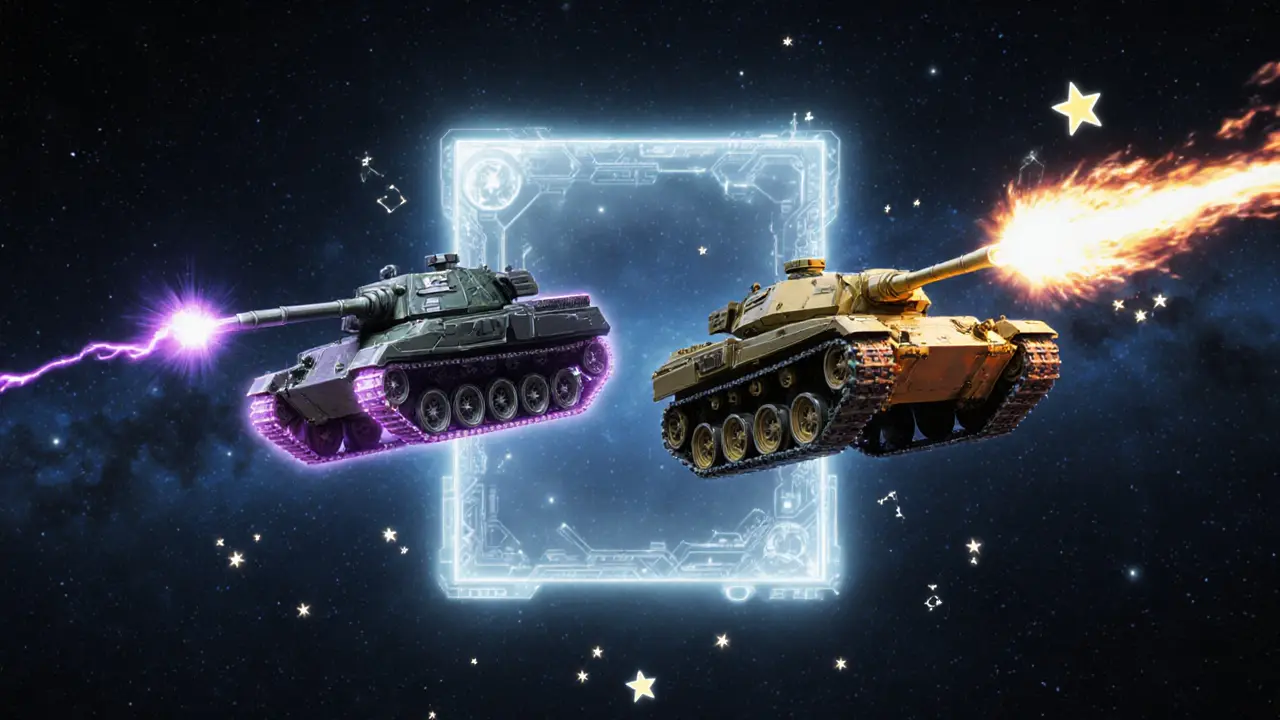 Two glowing NFT tanks float in space, each with rare abilities, surrounded by starlight and a faint digital wallet interface.