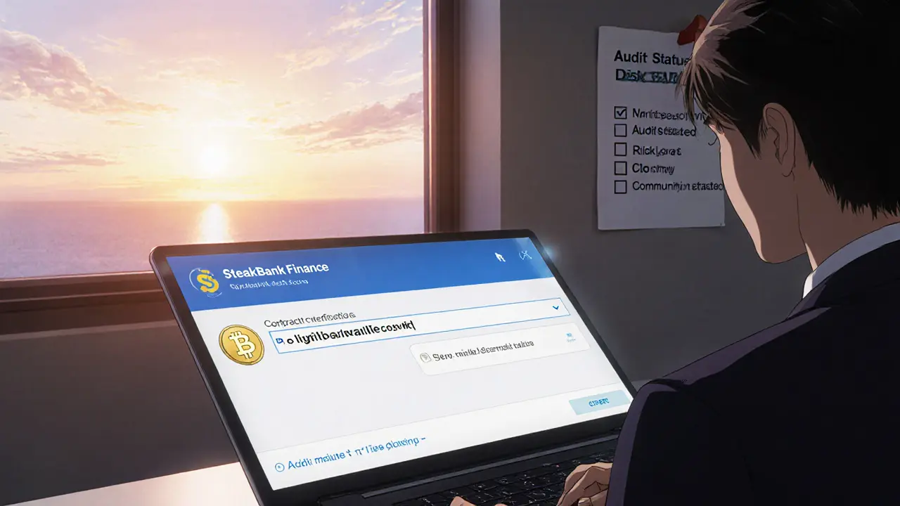 User at desk with holographic wallet UI, sunrise light, and risk‑assessment checklist.