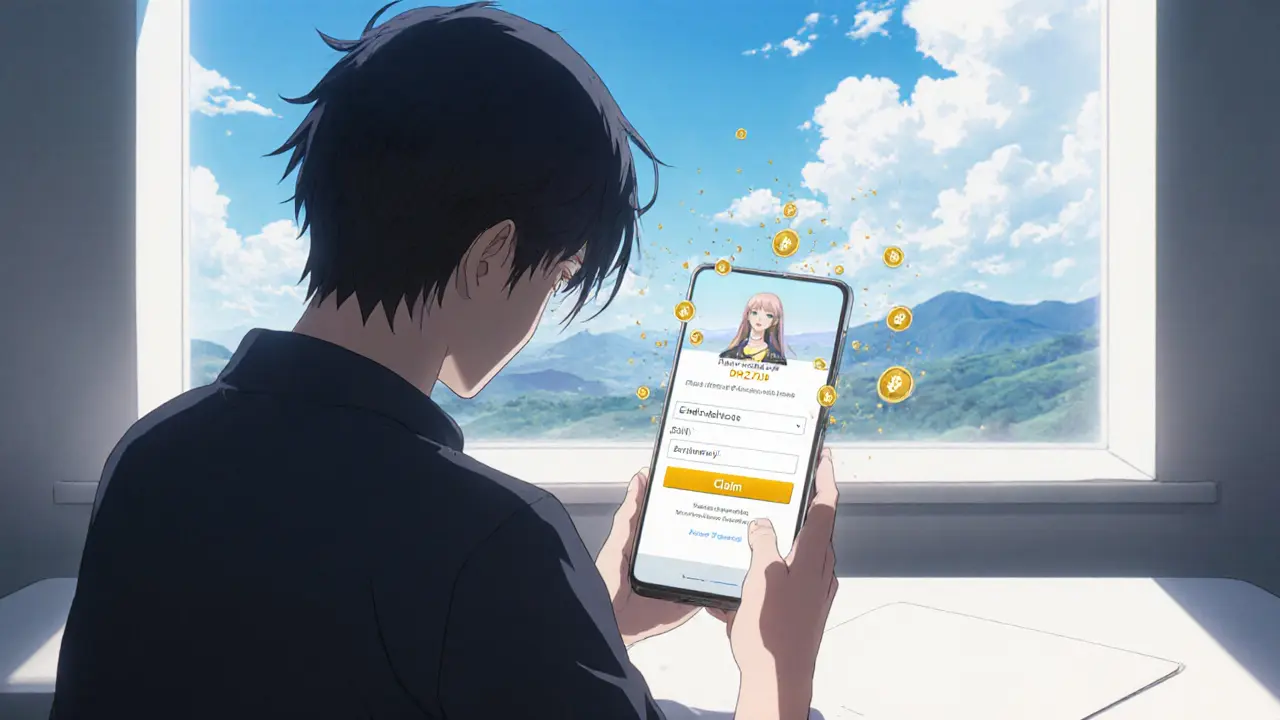 User verifying email and claiming 34 LGX tokens on a mobile screen.