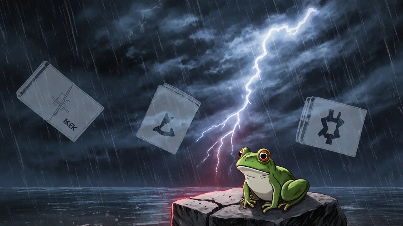Weary frog on a cracked stone in a stormy scene with looming wallet silhouettes and rain.