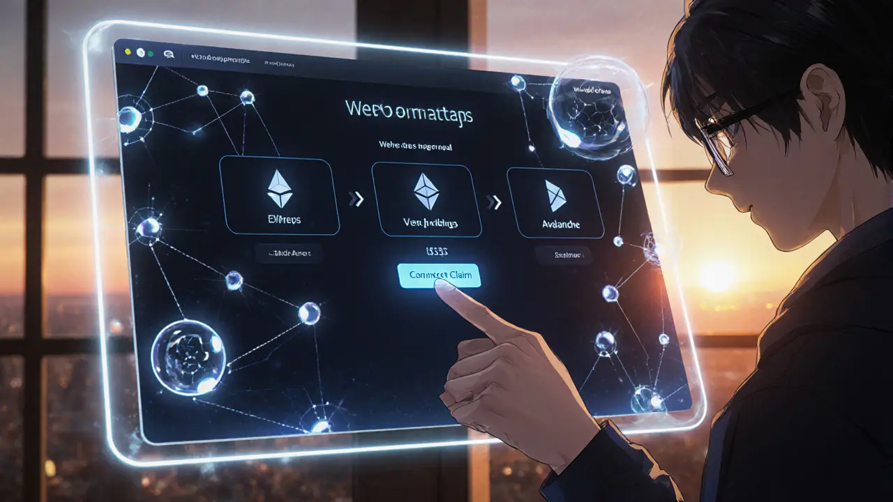 Web3 dashboard on a tablet showing a three‑step airdrop process with floating blockchain nodes.