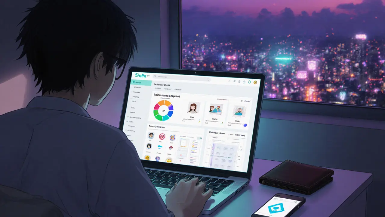 Young person checks Antix airdrop points on a laptop, wallet app nearby, city lights outside window.
