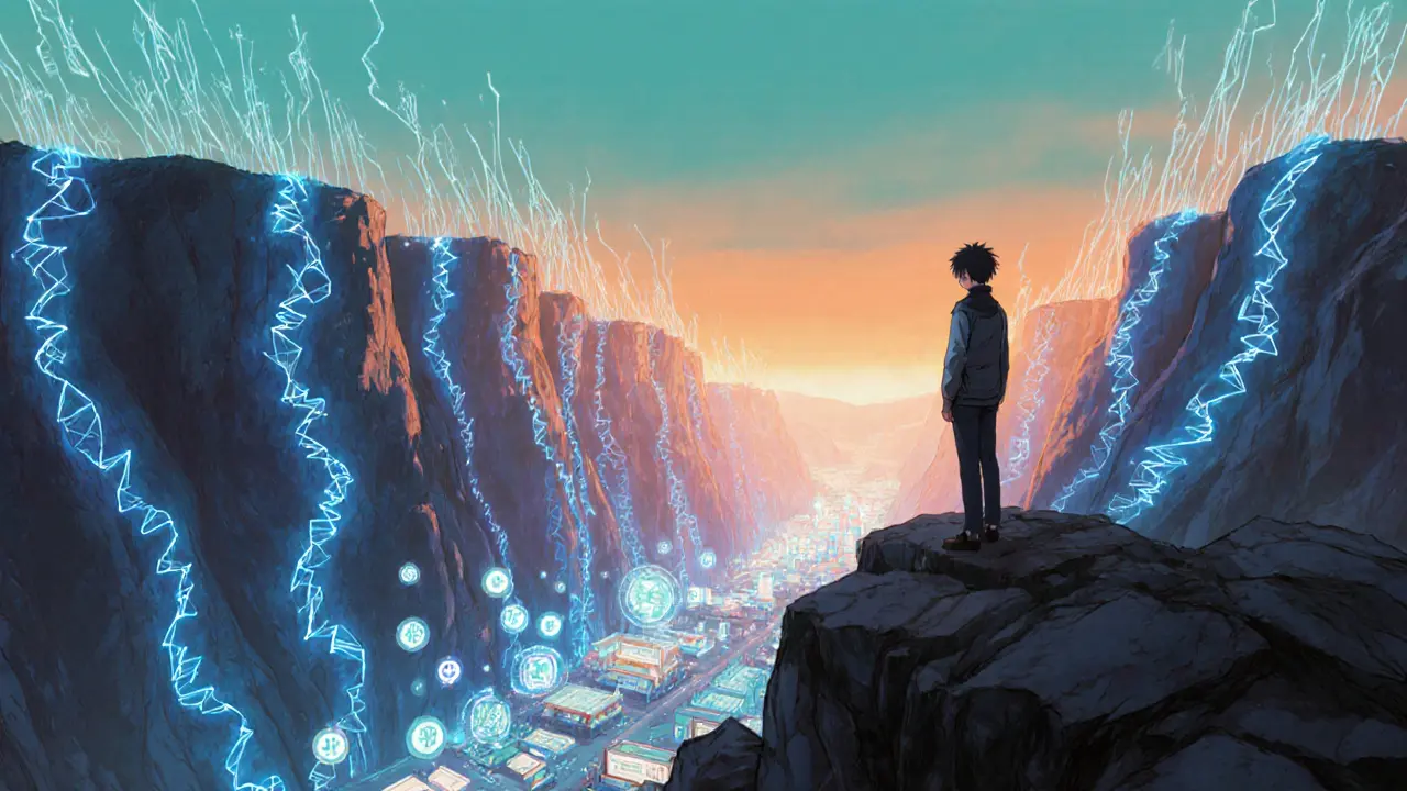 Young trader on a cliff watching volatile neon price ribbons in a digital canyon.