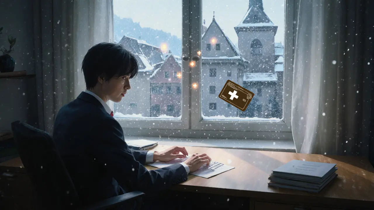 A calm trader in Zurich with digital wallet icons floating like fireflies near a window.