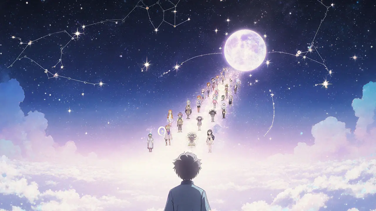 A celestial sky of animated characters formed by fan votes, with GODL tokens leading to a glowing animated film.